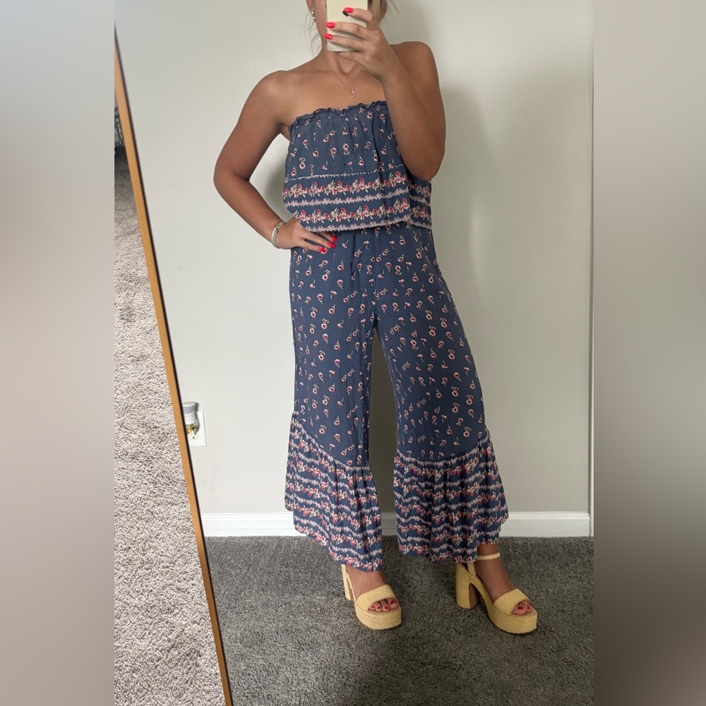 JAPNA Dusty Blue Strapless Ruffle Jumpsuit with Floral Accents